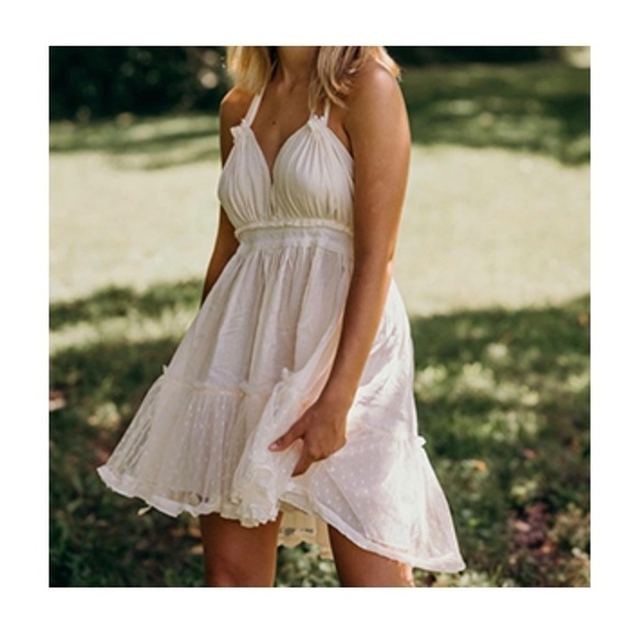 ForeMode Beige Plunge V-Neck Backless Halter Mini Babydoll Boho Dress Size XL - Picture 9 of 11